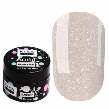 Kira Nails Acryl Gel Glamour №01 - Акрил-гель (опал, с блестками), 15 г