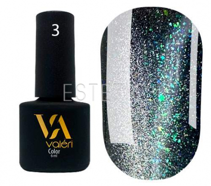 Гель-лак Valeri Crystal Cat Eye №03 (срібло з зеленими часточками, магнітний), 6 мл