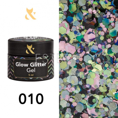 Гель-лак F.O.X Glow Glitter Gel 010 (зелено-рожевий голографік, блискітки), 5 мл