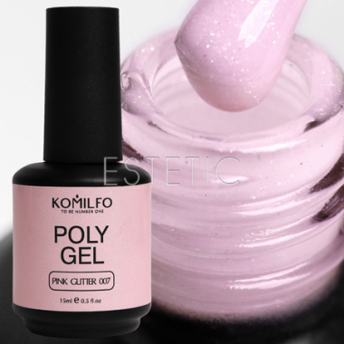 Гель Komilfo PolyGel Pink Glitter 007 ніжно-рожевий пастельний 3 шиммером, 15 мл