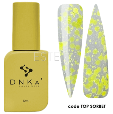 Топ для гель-лаку DNKa Top Sorbet позорий з жовтими хлоп'ями, 12 мл