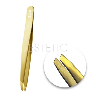 Пінцет для брів скошений ZOLA GOLD, професійний (золотистий)
