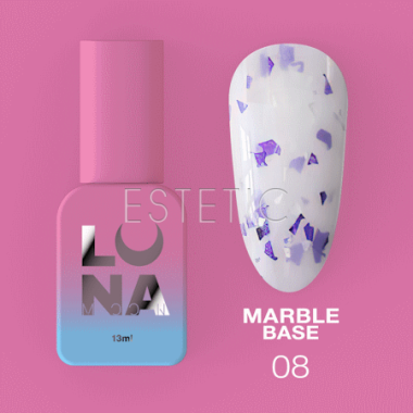 База Luna Marble Base №08 молочна з білими крихтами та фіолетовою поталлю, 13 мл