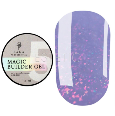 Гель SAGA Builder Gel magic 05 молочно-голубий з пластівцями поталі, 15 мл