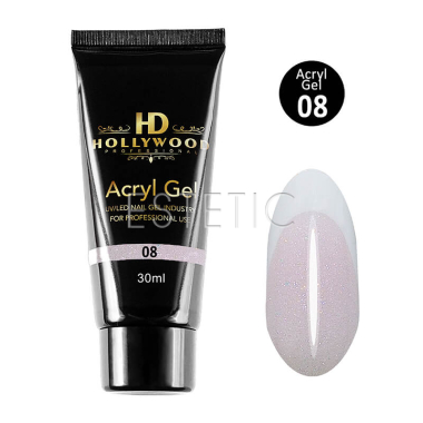 Акрил гель HD Hollywood  Acryl Gel 08 shimmer айворі рожевий з рожевим мікроблиском, 30 мл