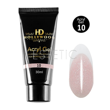 Акрил гель HD Hollywood  Acryl Gel 10 shimmer напівпрозорий рожевий з шиммером, 30 мл