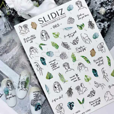 Cлайдери для нігтів SLIDIZ 065 на водній основі, написи, сілуети, листки, написи, обличчя