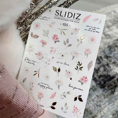 Слайдеры для ногтей SLIDIZ 105 на водной основе фольгированные золото, цветы, листья,надписи
