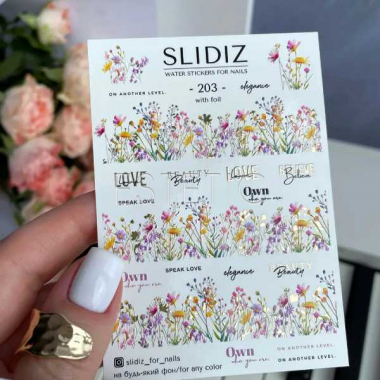 Cлайдеры для ногтей SLIDIZ 203 на водной основе фольгированные золото полевые цветы