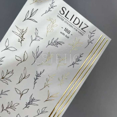 Cлайдеры для ногтей SLIDIZ 188 на водной основе фольгированные, золото, веточки