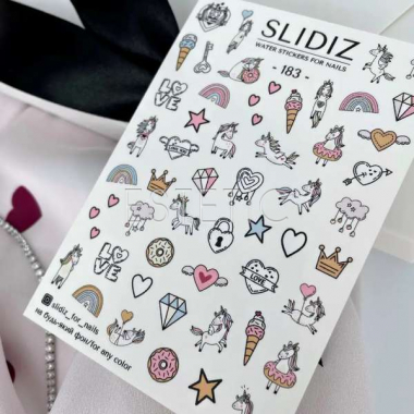 Слайдеры для ногтей SLIDIZ 183 на водной основе, Love, сердечки, единорог