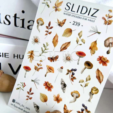 Cлайдери для нігтів SLIDIZ 239 на водній основі,осінь, гриби, листя, квіти