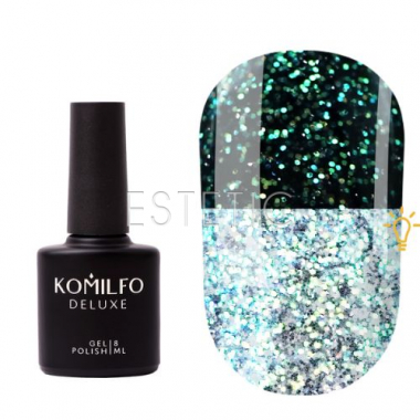 Топ для ногтей Komilfo Galaxy Top 003 светоотражающий, золотисто-зеленые блестки, 8 мл