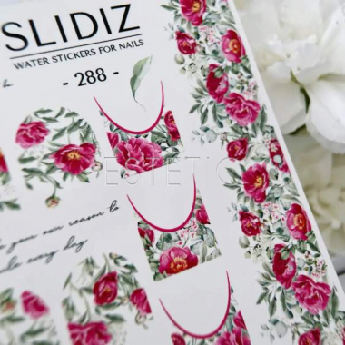 Cлайдеры для ногтей SLIDIZ 288 на водной основе, цветы пиона, френч