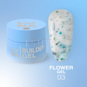 Гель для нігтів Lunamoon  Flower Gel №3 напівпрозорий молочний з зеленими та бірюзовими сухоцвітами, 15 мл