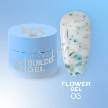 Гель для ногтей Lunamoon Flower Gel №3 полупрозрачный молочный с зелеными и бирюзовыми сухоцветами, 15 мл